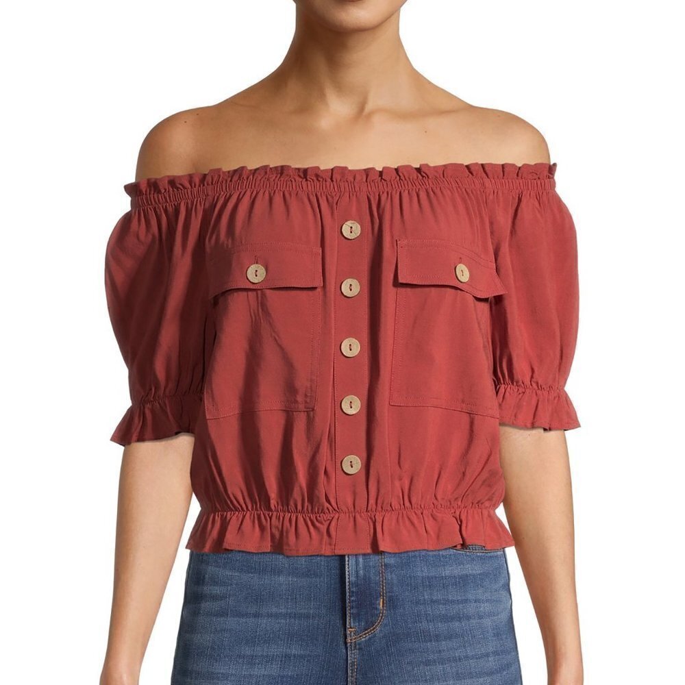 No Boundaries Juniors' Off Shoulder Woven Top - Picture 1 of 5